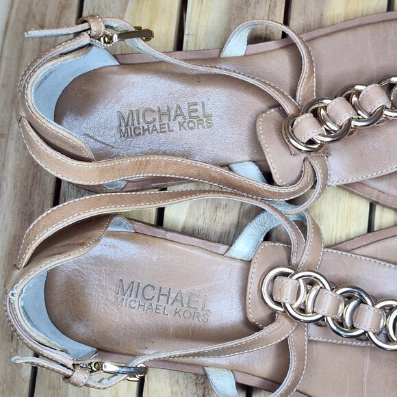 [7.5] Michael Kors Tan Leather Flat Sandals Adjustable Straps Chain Link Sz 7.5 - Picture 2 of 9